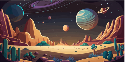 Fantasy landscape of planets, stars on a desert background with cacti and trees