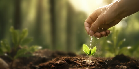 Earth Day concept, Hand watering young plants in a forest. Generative AI