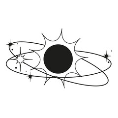 Black sun with orbits and stars around. Abstract symbol for cosmetics, jewelry, logo, tattoo. linear style. Esoteric