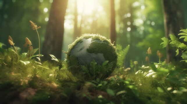 Earth Day concept. Earth in a forest. Generative AI