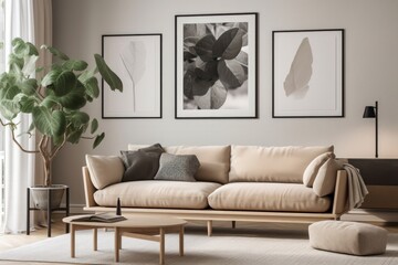 Blank Horizontal Poster Frame Mockup in Contemporary Living Room Interior