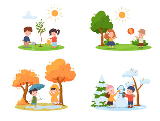 Kids game activity in four seasons of year flat vector illustrations isolated.