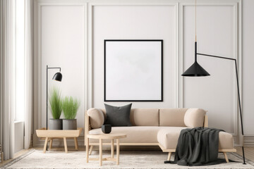 Blank Horizontal Poster Frame Mockup in Contemporary Living Room Interior
