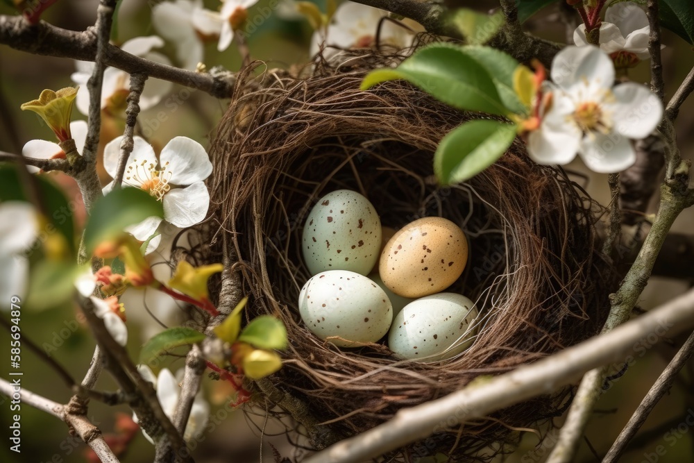 Poster bird's nest with three eggs. generative ai
