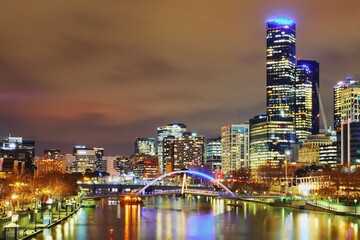  Melbourne city, Australia - 24 August 2018 - TNight view of Melbourne City.