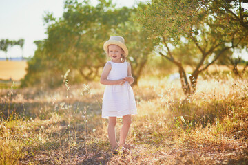 Adorable 4 year old girl in white dress and straw hat near olive tree, Provence, France