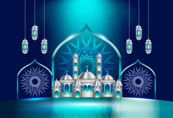 Islamic holiday celebration background designed with illustration of mosque. Background suitable for Ramadan, Eid al-Fitr or Hari Raya.