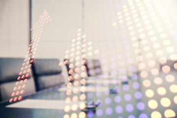 Abstract virtual upward arrows sketch on a modern boardroom background, target and goal concept. Multiexposure