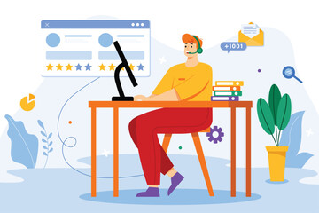Call center color concept with people scene in the flat cartoon design. Employee of the call center responds to clients letters in which he answers their questions. Vector illustration.