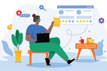 Call center color concept with people scene in the flat cartoon style. Woman work on the call center and answers the clients questions. Vector illustration.