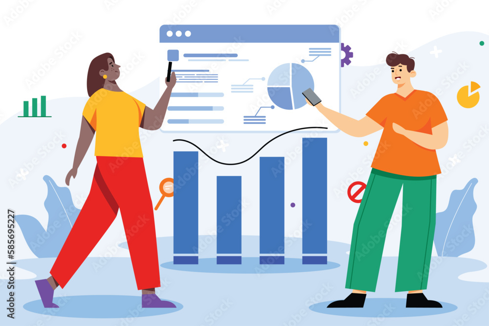 Aufkleber data analysis color concept with people scene in the flat cartoon design. team of specialists work o