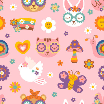 seamless pattern with retro animals and flowers