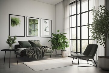 Naklejka na ściany i meble Minimalist living room with black frame mockup and lush green plants
