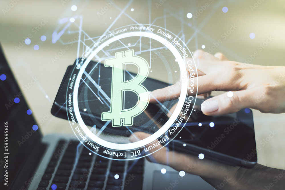 Poster double exposure of creative bitcoin symbol hologram and hand working with a digital tablet on backgr