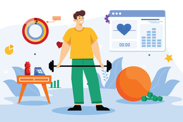 Fitness color concept with people scene in the flat cartoon design. Man does physical exercises to keep his body in a good shape. Vector illustration.