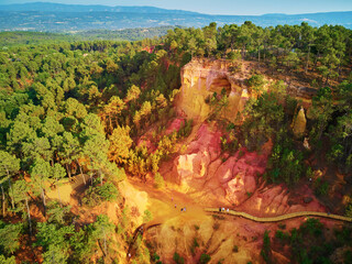 Aerial view of famous Ochre path through large ochre deposits in Roussillon, Provence, France