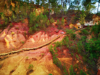 Aerial view of famous Ochre path through large ochre deposits in Roussillon, Provence, France