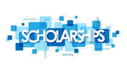 SCHOLARSHIPS blue vector typography banner with keywords
