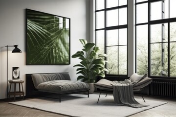 Minimalist living room with black frame mockup and lush green plants