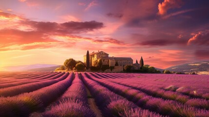 Fototapeta premium Breathtaking South of France landscape featuring lavender fields and a golden hour sky. AI GENERATED.