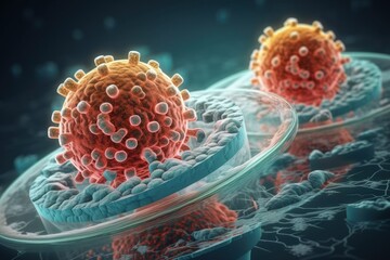two coronavirus cells in a petri dish. Generative AI