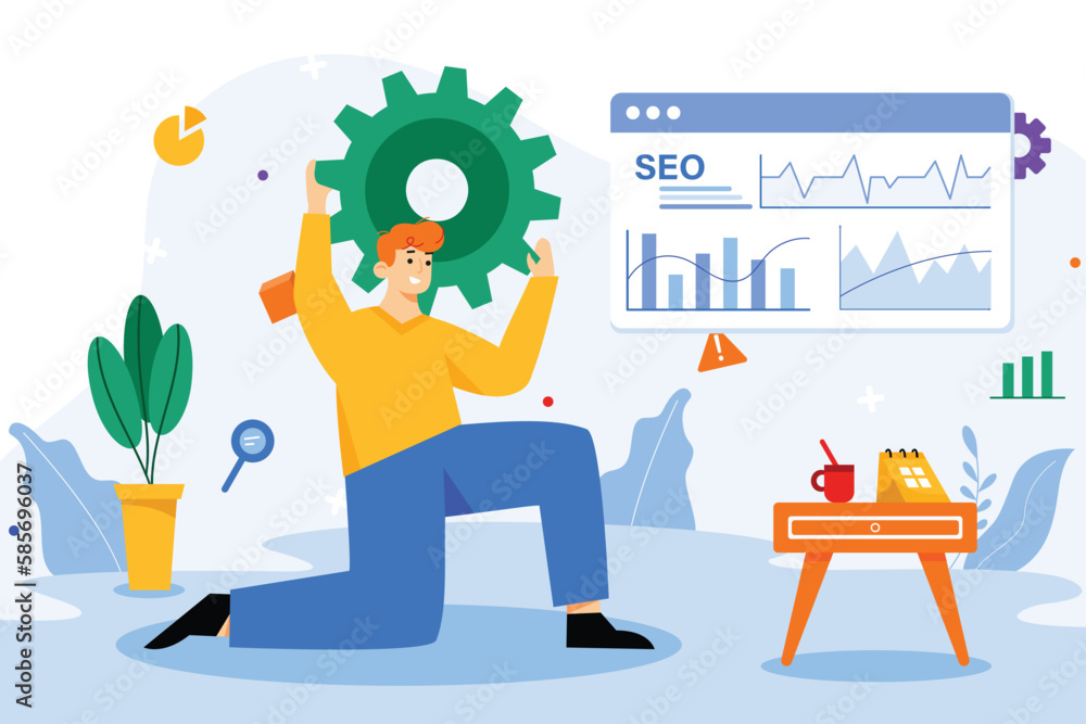Poster seo optimization color concept with people scene in the flat cartoon style. technical specialist wor