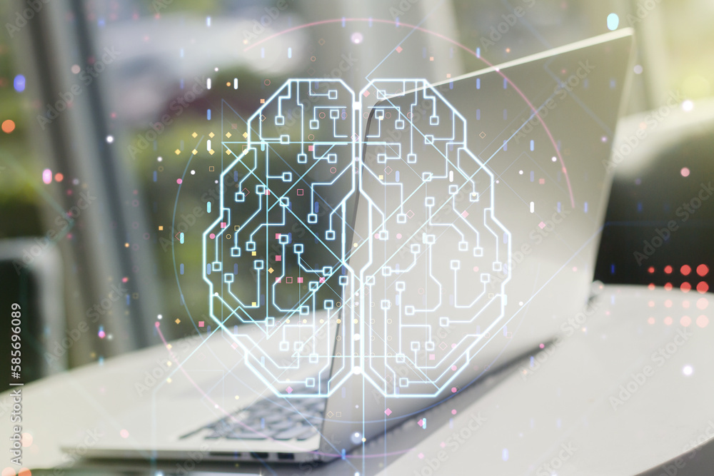 Poster double exposure of creative artificial intelligence symbol with modern laptop on background. neural 