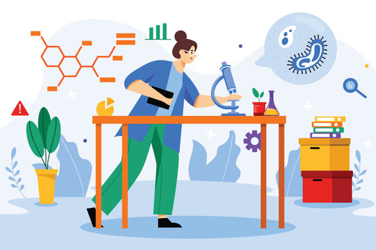 Science lab color concept with people scene in the flat cartoon design. Young scientist researches microorganisms and observes them under a microscope. Vector illustration.