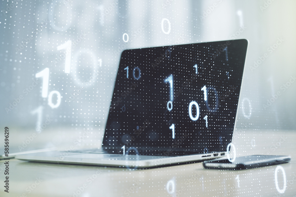 Leinwandbilder double exposure of creative abstract binary code hologram on laptop background. database and program