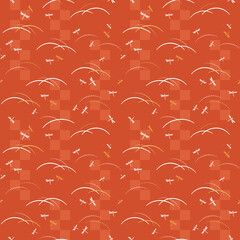 トンボと露芝の和柄シームレスパターン（赤） © Katie（カチエ）