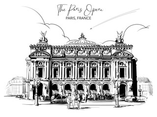 The Paris Opera building. Black line drawing isolated on white background. Postcard or Travel blog illustration. EPS 10 vector illustration.