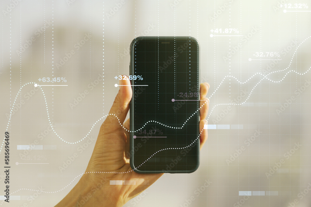Poster multi exposure of creative statistics data hologram and hand with cell phone on background, stats an