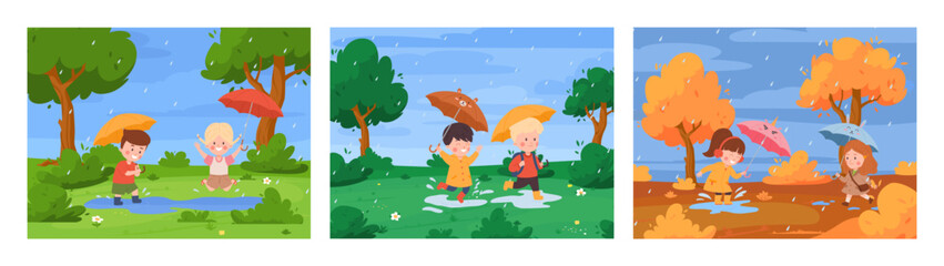 Happy kids holding umbrella under rain, different seasons - cartoon flat vector illustration.