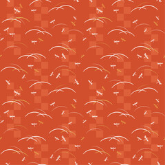 トンボと露芝の和柄シームレスパターン（赤） © Katie（カチエ）