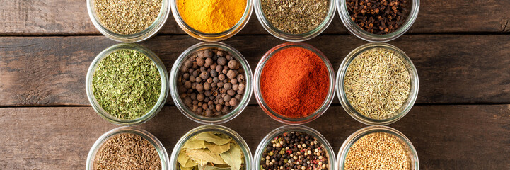 Various kinds of spices in bowls. Big collection. Top view