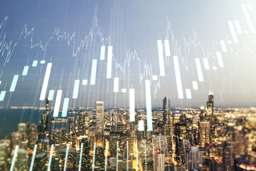 Multi exposure of virtual creative financial chart hologram on Chicago skyscrapers background, research and analytics concept