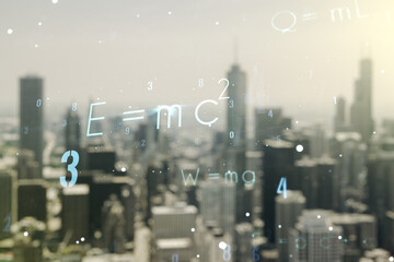 Double exposure of scientific formula hologram on blurry cityscape background, research and development concept
