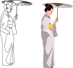 Geisha with traditional Japanese clothing on white background-