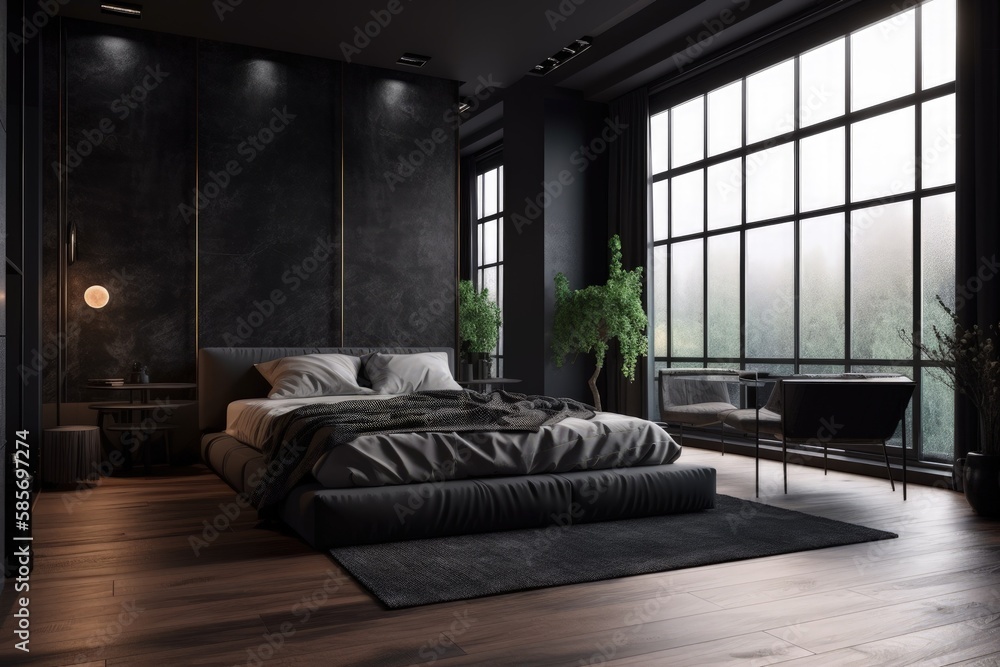 Aufkleber spacious and bright bedroom with a king-sized bed and multiple windows. generative ai