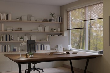 Minimal contemporary home office or private office interior design with PC computer