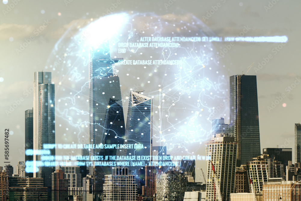 Poster multi exposure of abstract creative coding sketch and world map on new york city skyline background,