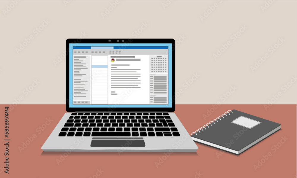 Fototapete laptop with an open email application and a physical notebook. simplified flat style. vector illustr