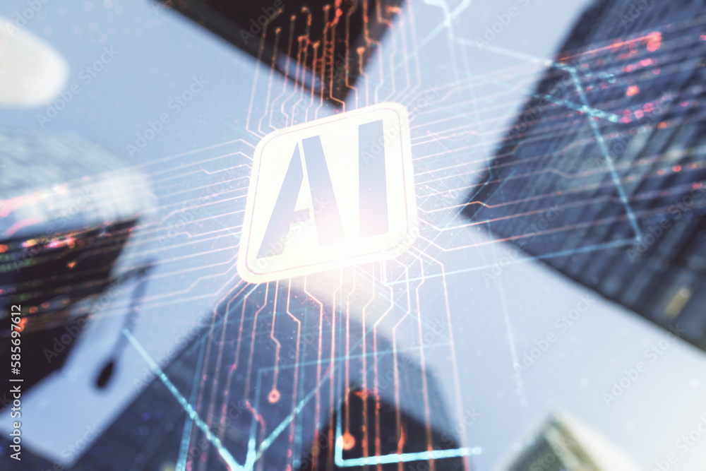 Poster double exposure of creative artificial intelligence icon on modern skyscrapers background. neural ne