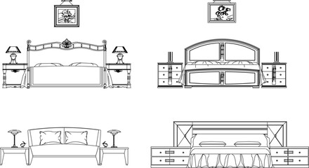 Vector sketch illustration of vintage modern classic magnificent bed