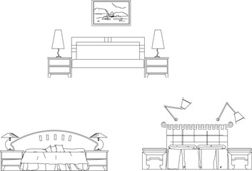 Vector sketch illustration of vintage modern classic magnificent bed