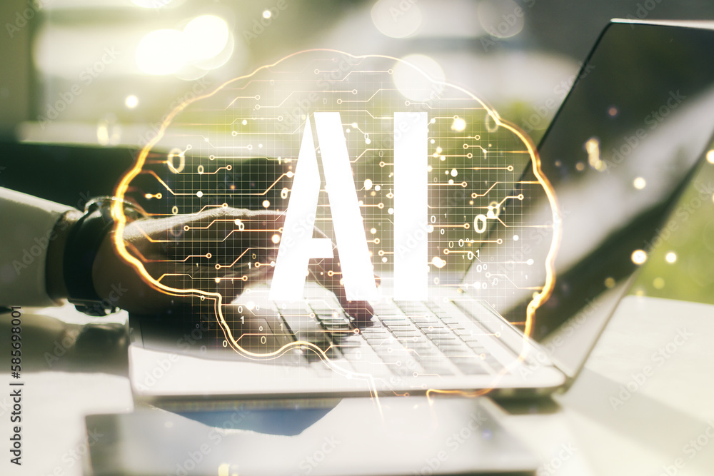 Poster creative artificial intelligence concept with human brain sketch and hands typing on computer keyboa