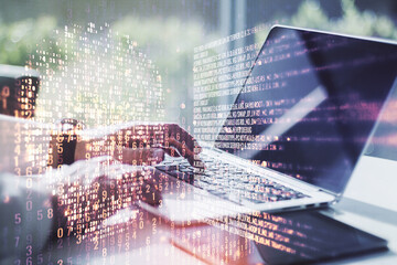 Creative code skull sketch and hands typing on computer keyboard on background, theft of personal data and malware concept. Multiexposure