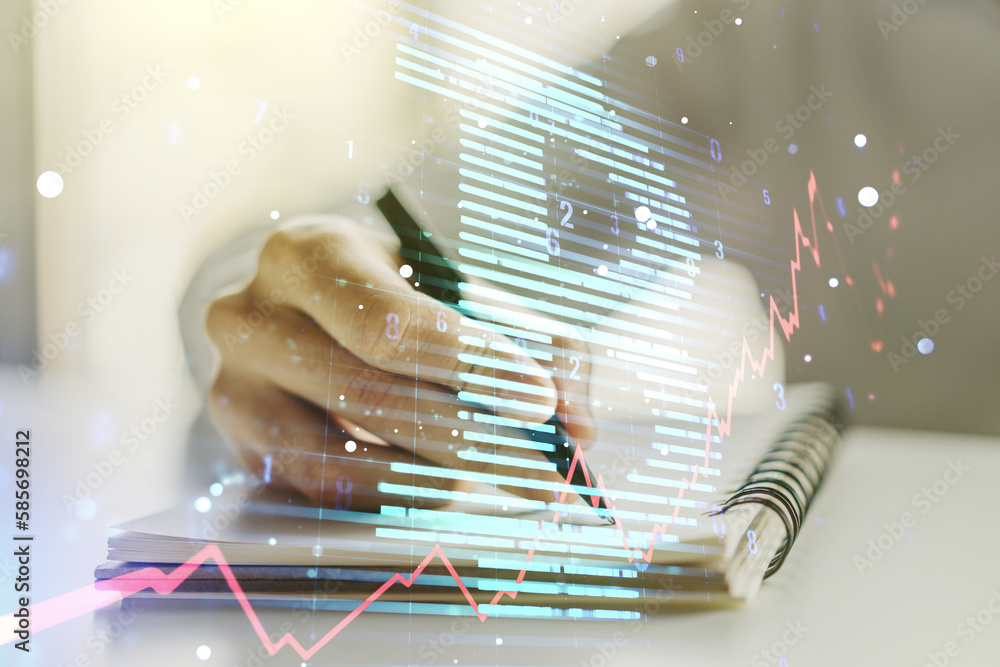Poster double exposure of creative bitcoin symbol with man hand writing in notebook on background. cryptocu