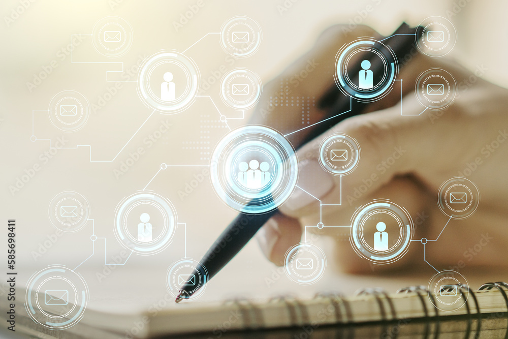 Poster double exposure of social network icons concept with man hand writing in notepad on background. netw