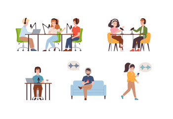 People recording and listening online audio podcast, flat vector illustration.